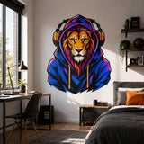Lion in Hoodie Wall Vinyl Decal | Colorful Gamer Lion Sticker | Urban Streetwear Animal Wall Art | Teen Bedroom Gaming Room Decor