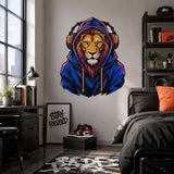 Lion in Hoodie Wall Vinyl Decal | Colorful Gamer Lion Sticker | Urban Streetwear Animal Wall Art | Teen Bedroom Gaming Room Decor