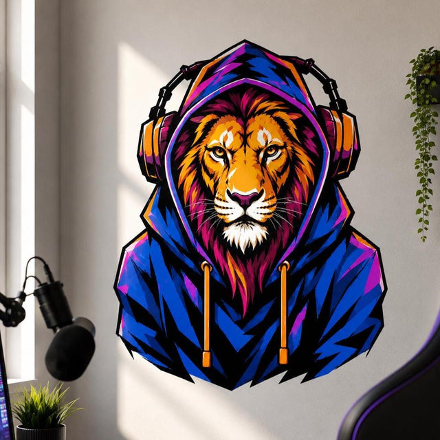 Colorful lion wearing a bright blue hood and large headphones, illustrated in vivid orange, pink, purple, blue, and black urban street-art style.
