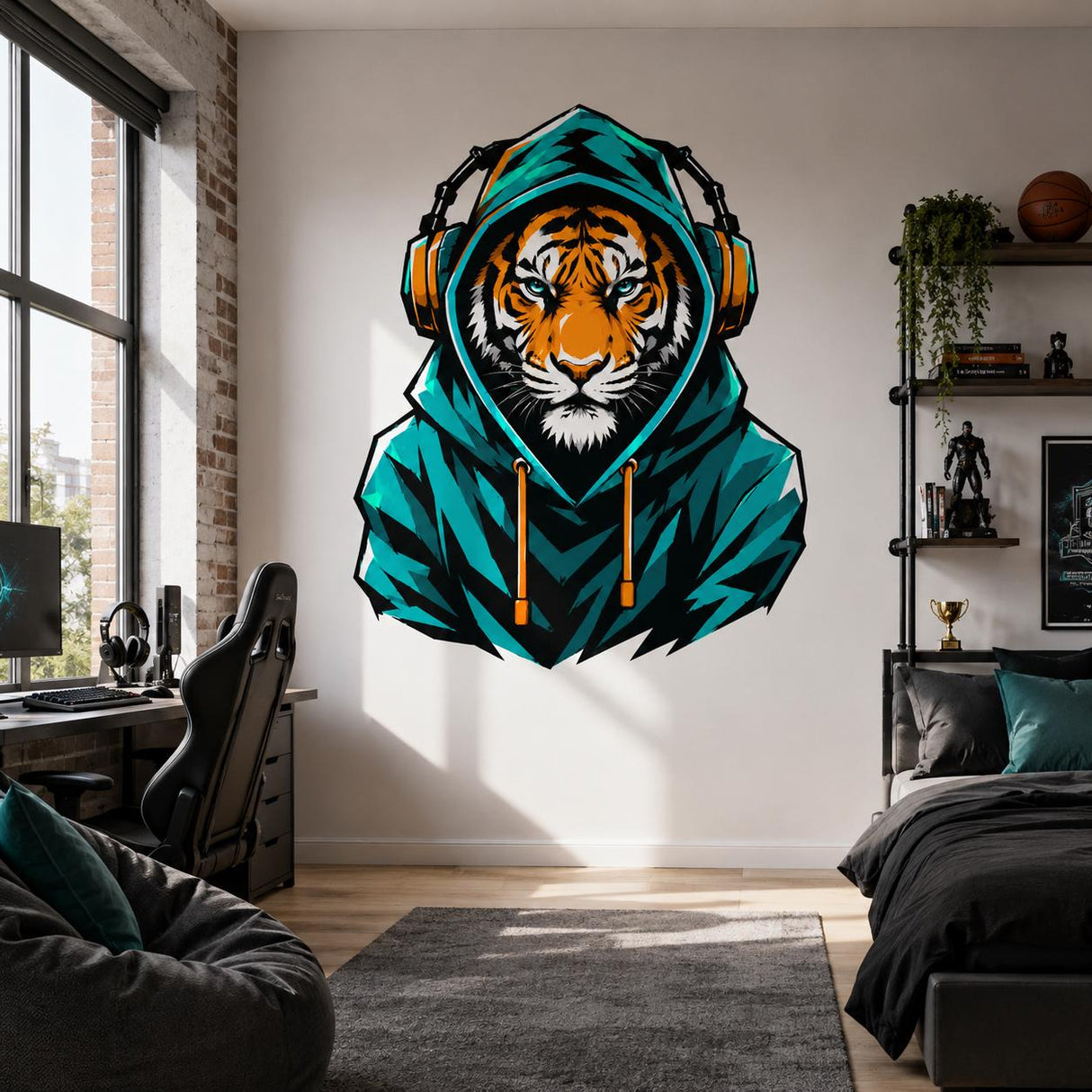 Tiger in Hoodie Wall Vinyl Decal | Gamer Tiger Headphones Sticker | Urban Animal Wall Art | Teen Bedroom Gaming Room Decor