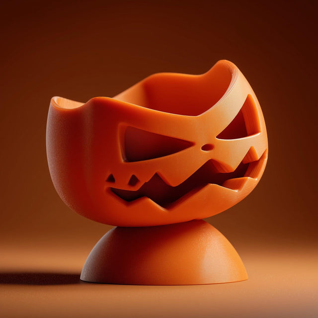 Jack o lantern shaped jewelry organizer with carved-style eyes and mouth, an open bowl top, and raised base on a warm studio background.