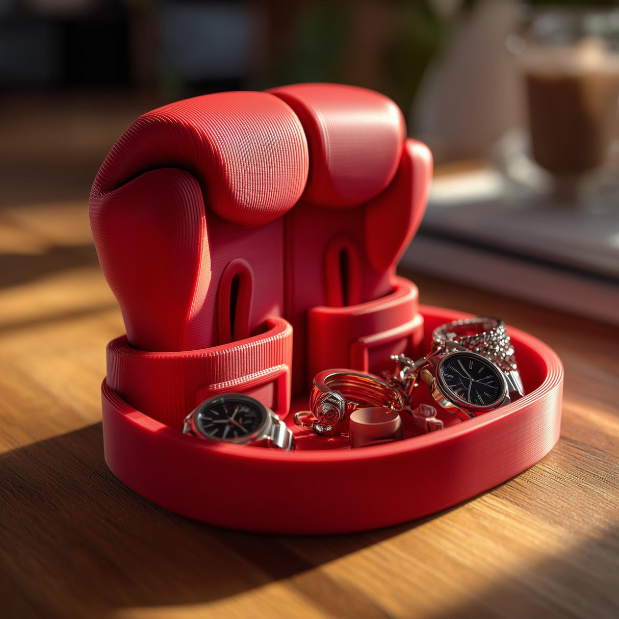 Boxing glove-shaped jewelry organizer with a round tray base, front compartments, and watches and rings displayed on a wooden table in warm sunlight.