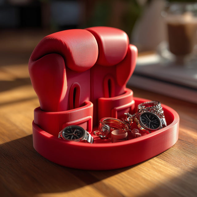 Boxing glove-shaped jewelry organizer with a round tray base, front compartments, and watches and rings displayed on a wooden table in warm sunlight.
