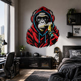 Gorilla Wall Decal with Headphones | Red Hoodie Monkey Wall Sticker | Urban Graffiti Wall Art for Gaming Room, Creative Studio or Urban Loft
