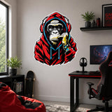 Gorilla Wall Decal with Headphones | Red Hoodie Monkey Wall Sticker | Urban Graffiti Wall Art for Gaming Room, Creative Studio or Urban Loft