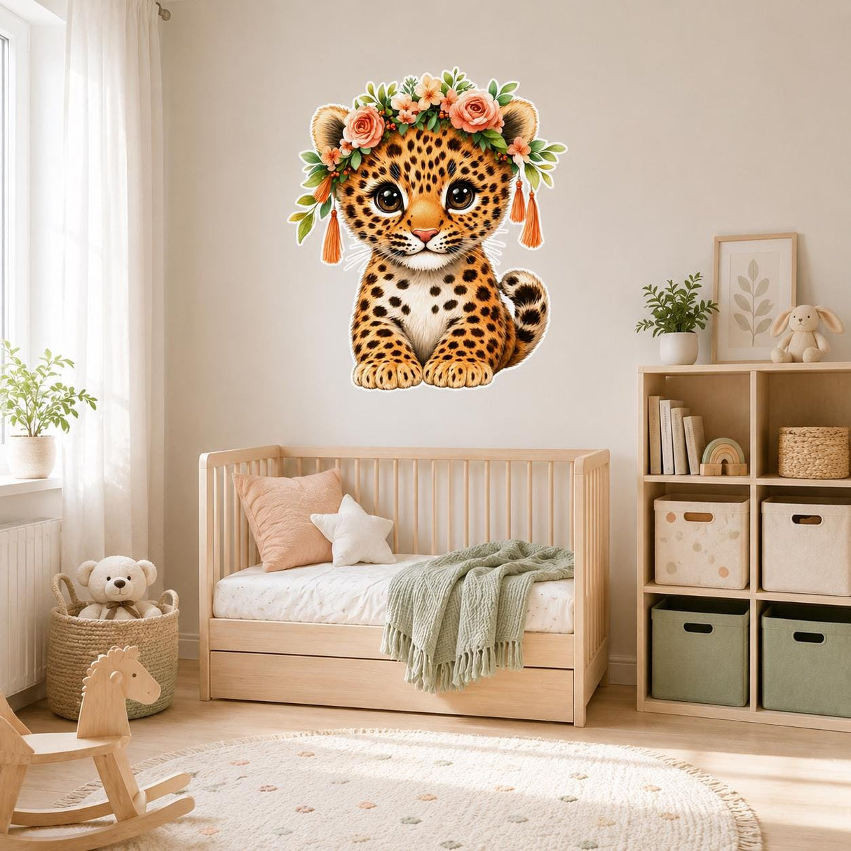 Baby Leopard Floral Wall Decal | Nursery Jungle Animal Sticker | Boho Safari Kids Room Decor | Peach Rose Playroom Wall Art | Cute Cub Decal