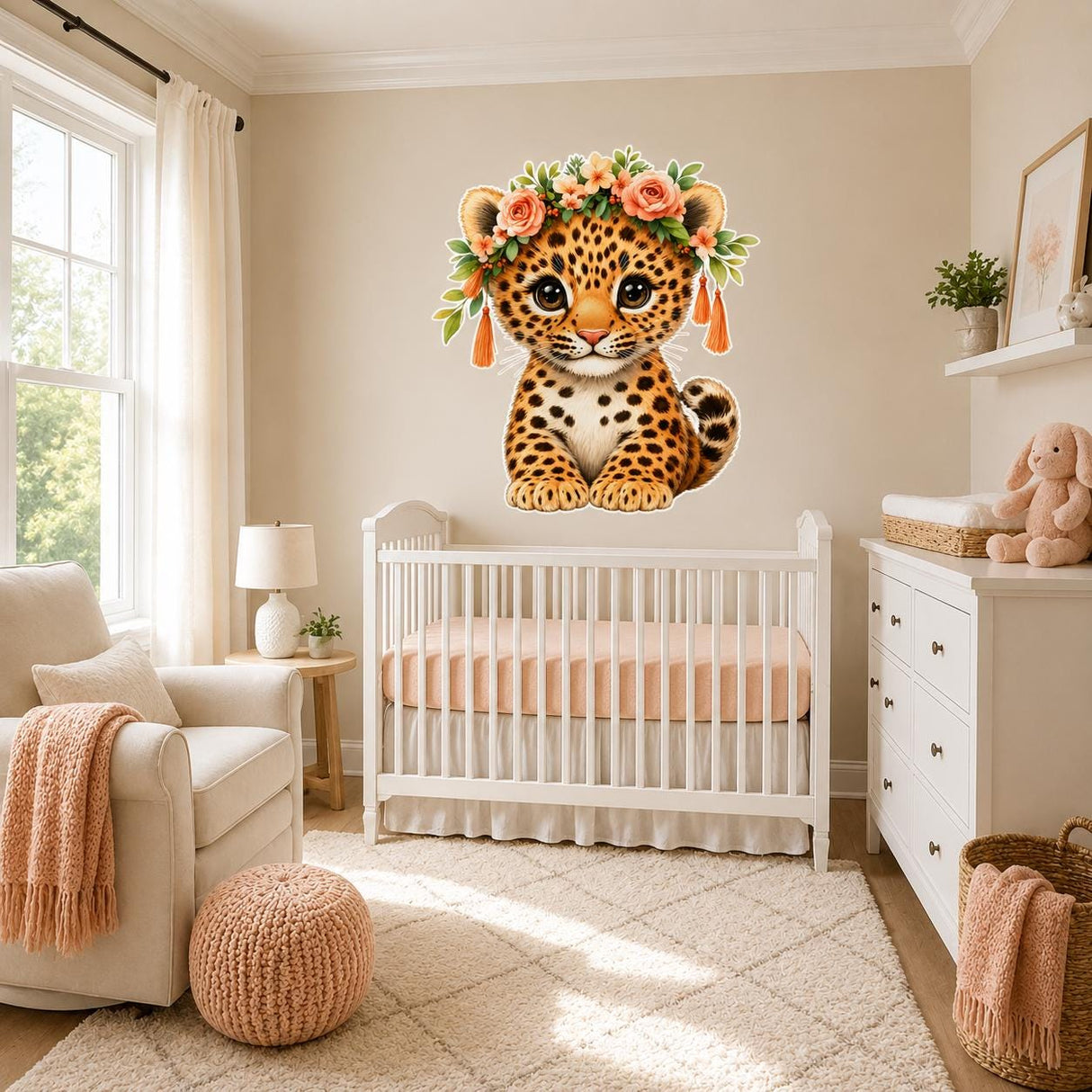 Baby Leopard Floral Wall Decal | Nursery Jungle Animal Sticker | Boho Safari Kids Room Decor | Peach Rose Playroom Wall Art | Cute Cub Decal
