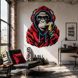 Gorilla Wall Decal with Headphones | Red Hoodie Monkey Wall Sticker | Urban Graffiti Wall Art for Gaming Room, Creative Studio or Urban Loft