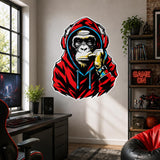 Gorilla Wall Decal with Headphones | Red Hoodie Monkey Wall Sticker | Urban Graffiti Wall Art for Gaming Room, Creative Studio or Urban Loft