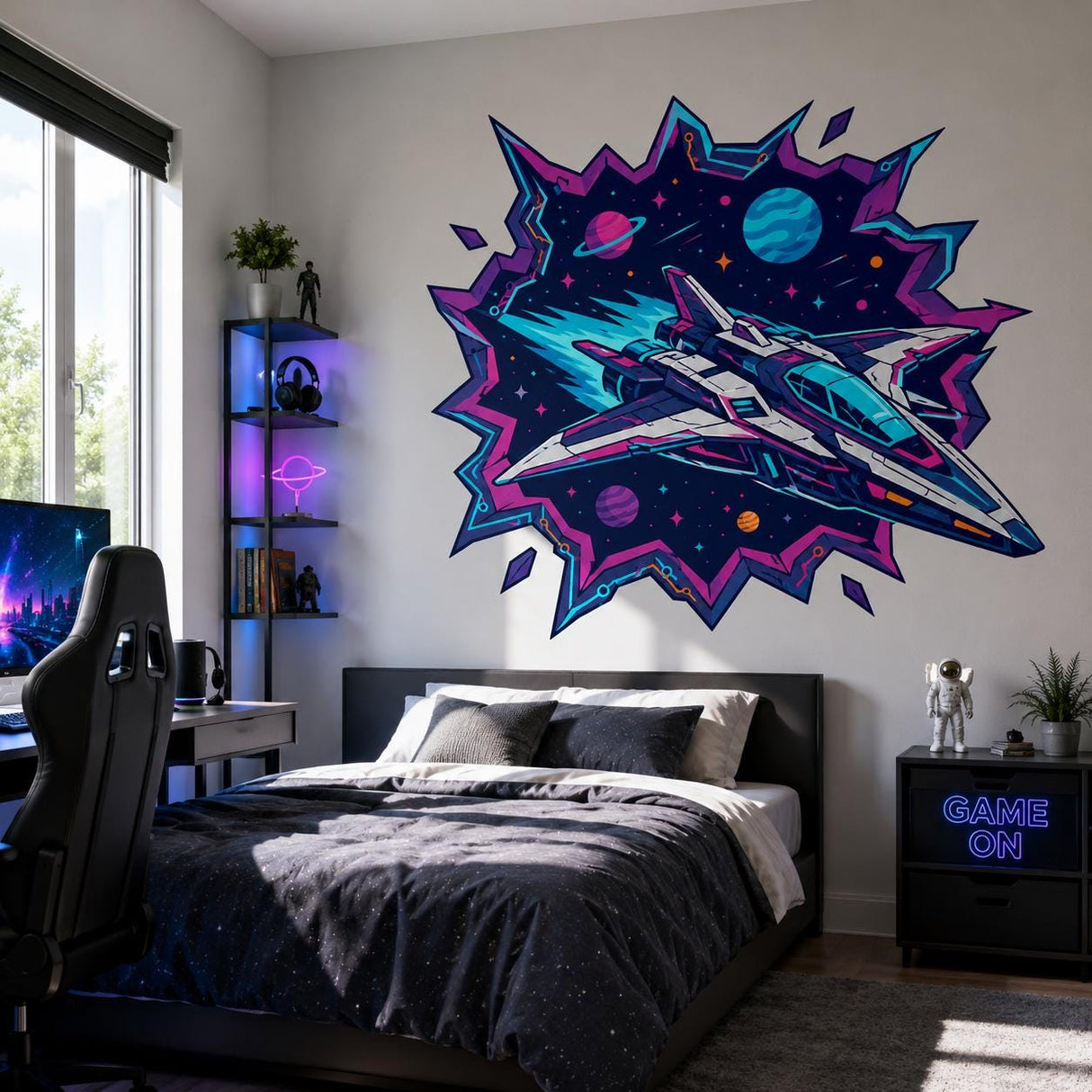 Spaceship Wall Art Print | Neon Sci Fi Space Decor | Futuristic Starship Artwork | Galaxy Planet Poster | Gamer Room Decor | Cosmic Wall Art