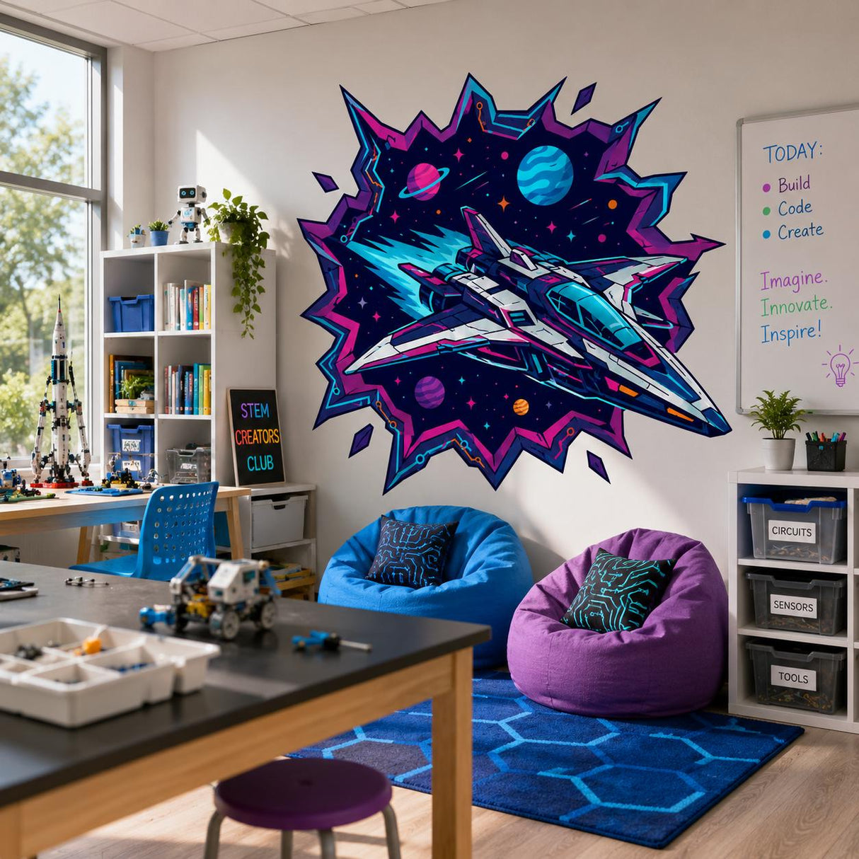 Spaceship Wall Art Print | Neon Sci Fi Space Decor | Futuristic Starship Artwork | Galaxy Planet Poster | Gamer Room Decor | Cosmic Wall Art