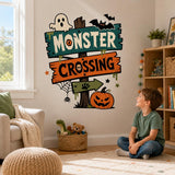 Halloween Monster Crossing Wall Art Print | Spooky Sign Decor | Ghost Bat Pumpkin Poster | Kids Halloween Room Decor | Haunted House Artwork