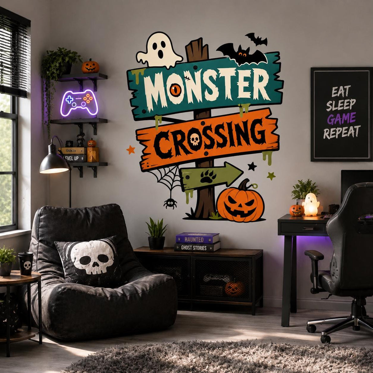 Halloween Monster Crossing Wall Art Print | Spooky Sign Decor | Ghost Bat Pumpkin Poster | Kids Halloween Room Decor | Haunted House Artwork