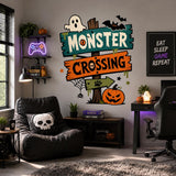 Halloween Monster Crossing Wall Art Print | Spooky Sign Decor | Ghost Bat Pumpkin Poster | Kids Halloween Room Decor | Haunted House Artwork