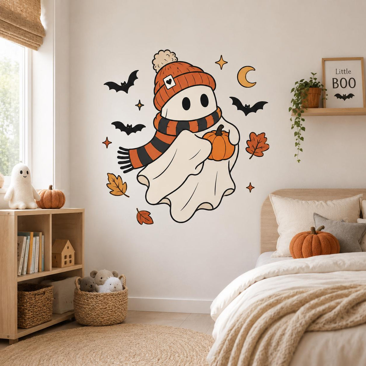 Cute Halloween Ghost Wall Decal | Ghost & Pumpkin Wall Sticker | Autumn Halloween Decor | Kids Room Wall Art | Cozy Spooky Autumn Wall Decor