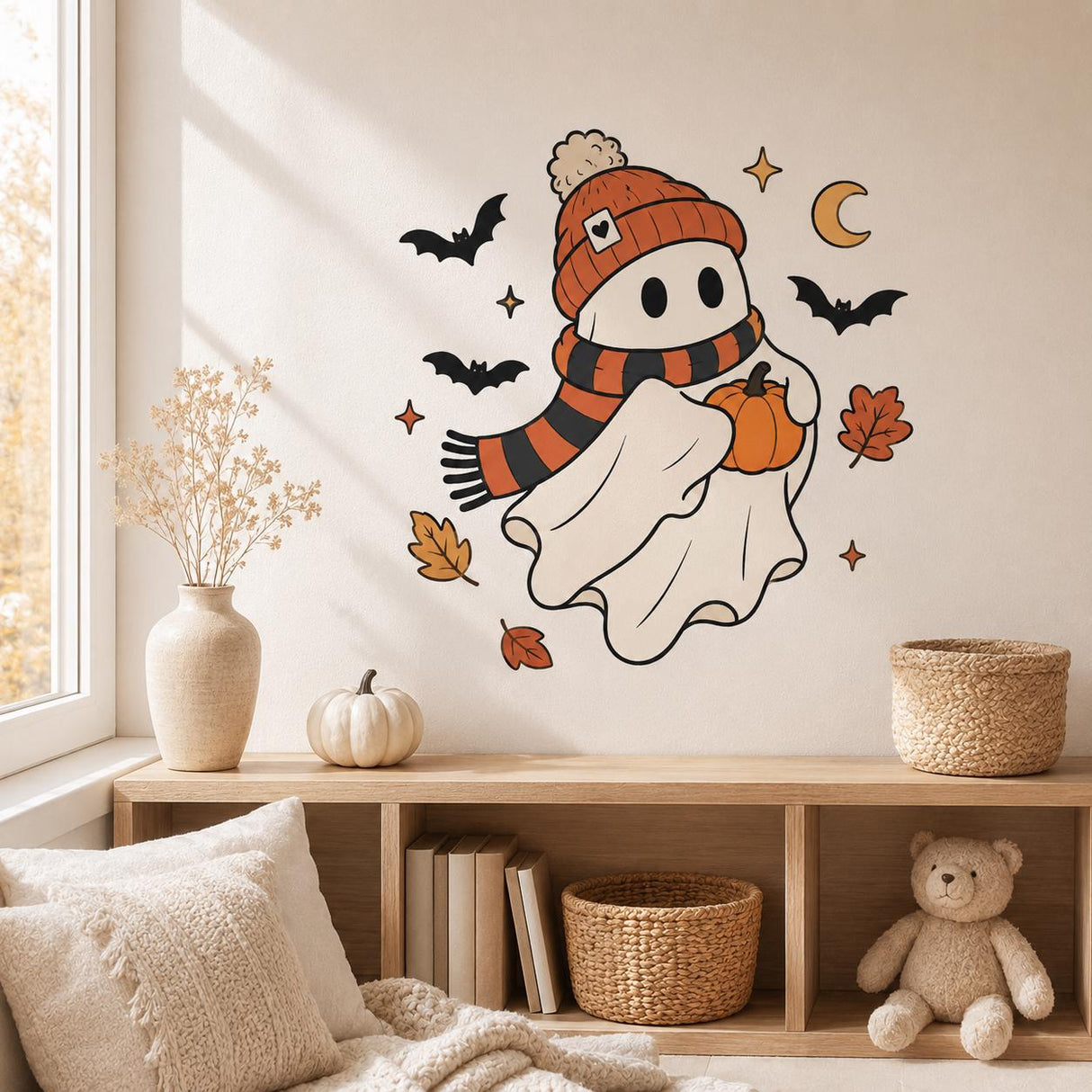 Cute Halloween Ghost Wall Decal | Ghost & Pumpkin Wall Sticker | Autumn Halloween Decor | Kids Room Wall Art | Cozy Spooky Autumn Wall Decor