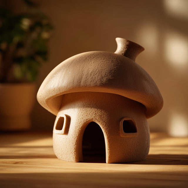 A close-up image of a 3D printed mushroom-shaped hamster hideout resting on a wooden surface in warm sunlight. The small pet house features a rounded mushroom cap roof with a small chimney, an arched entrance doorway, and two side windows.