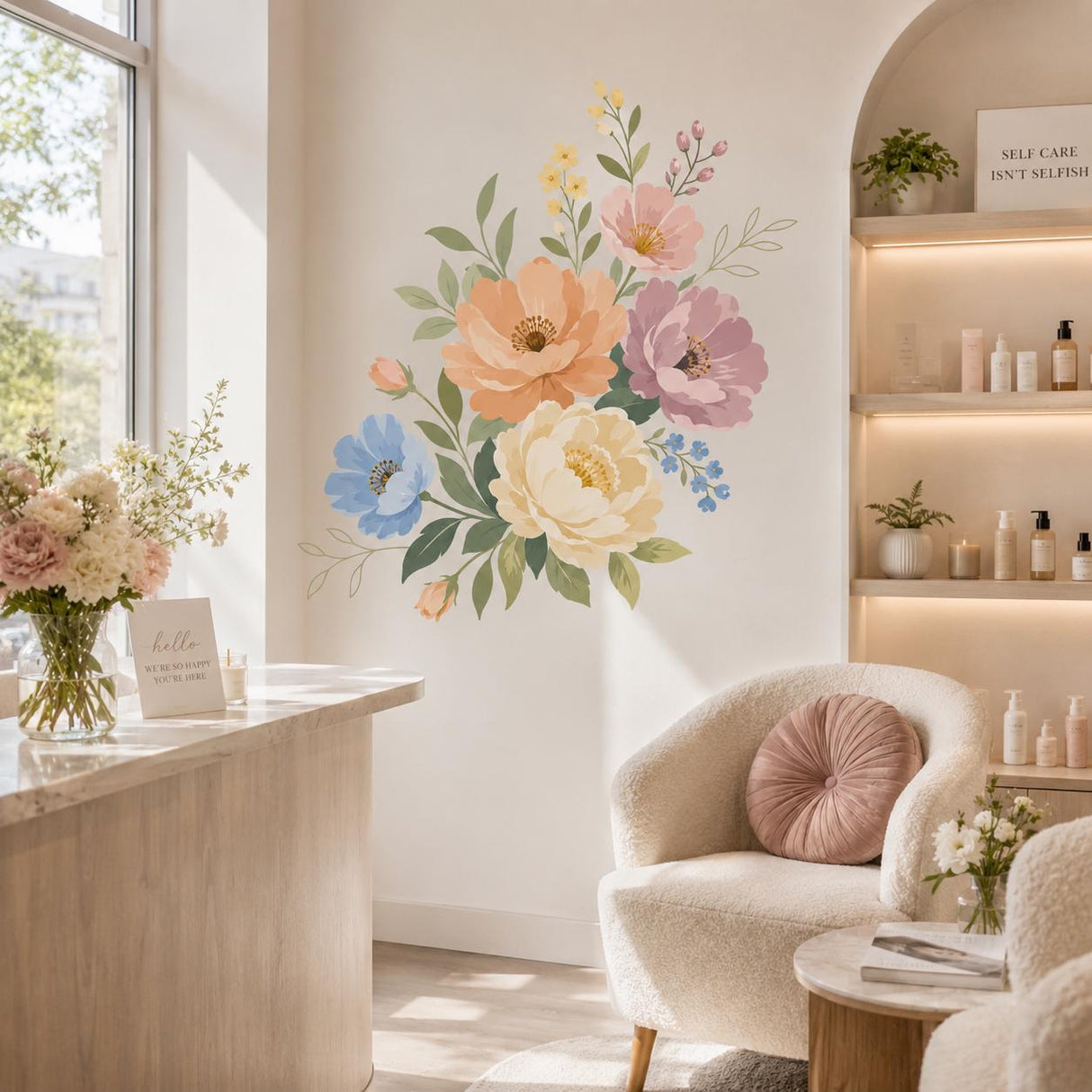 Pastel Floral Wall Decal | Botanical Flower Wall Sticker | Wildflower Bouquet Wall Art | Bedroom Decor | Soft Spring Flowers Wall Decoration