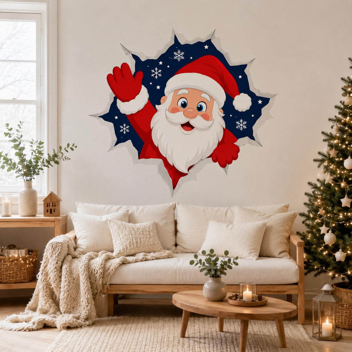 Santa Claus Wall Decal | Christmas Santa Wall Sticker | 3D Broken Wall Effect | Kids' Room Holiday Decor | Festive Christmas Wall Decoration