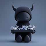 A close-up photograph of a 3D printed cute shadow demon figurine sitting down and holding a rectangular serving tray in its lap filled with wrapped candies. The dark fantasy character wears a hooded outfit with curved horns and features a smooth minimalist face with subtle eye details.