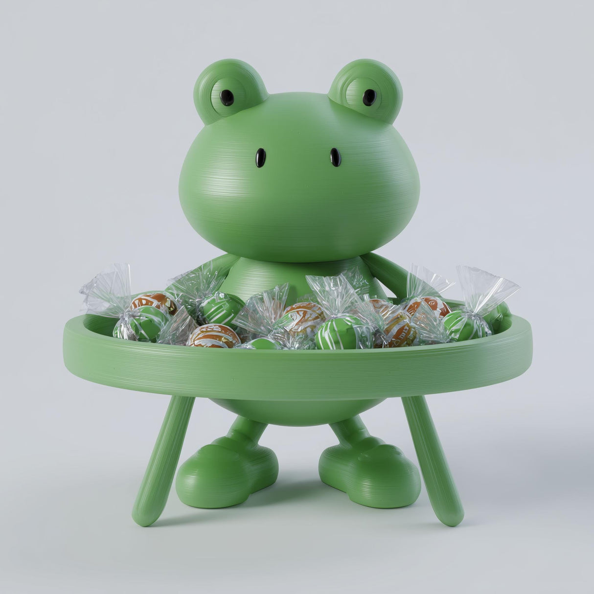 A close-up photograph of a 3D printed cartoon frog figurine standing behind a small round serving table tray filled with wrapped candies. The cute frog features a smooth rounded head, expressive black eyes, and stubby legs supporting the round snack tray.