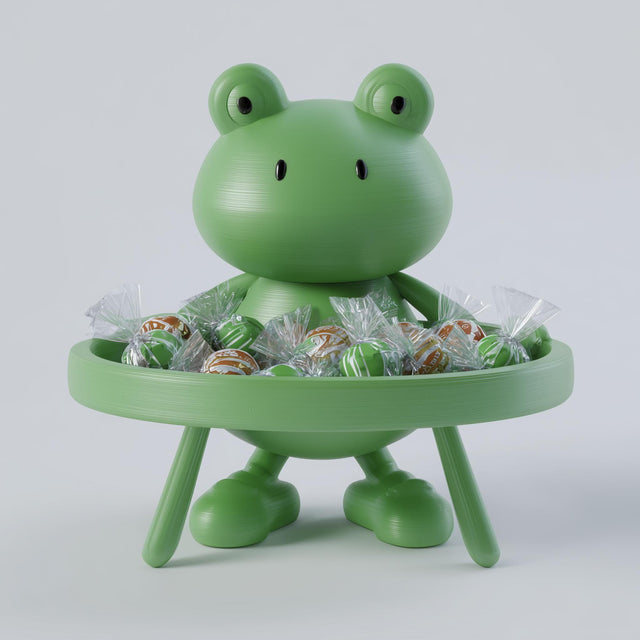A close-up photograph of a 3D printed cartoon frog figurine standing behind a small round serving table tray filled with wrapped candies. The cute frog features a smooth rounded head, expressive black eyes, and stubby legs supporting the round snack tray.