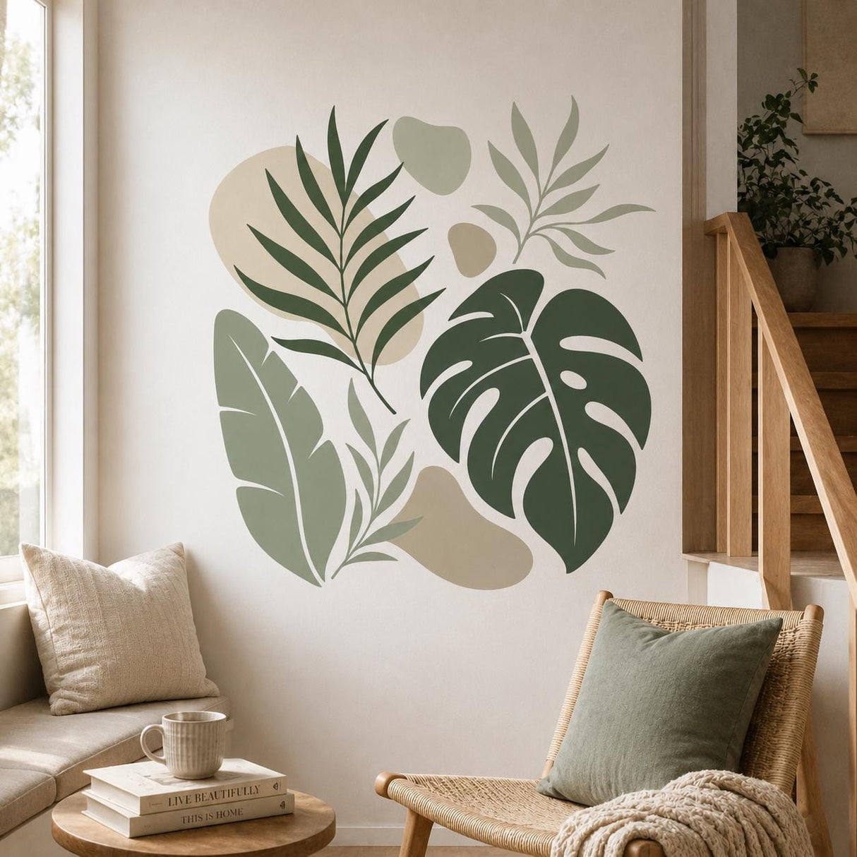 Tropical Leaves Wall Decal | Monstera and Banana Leaf Sticker | Sage Green Botanical Decor | Boho Plant Wall Art | Neutral Nature Home Decor
