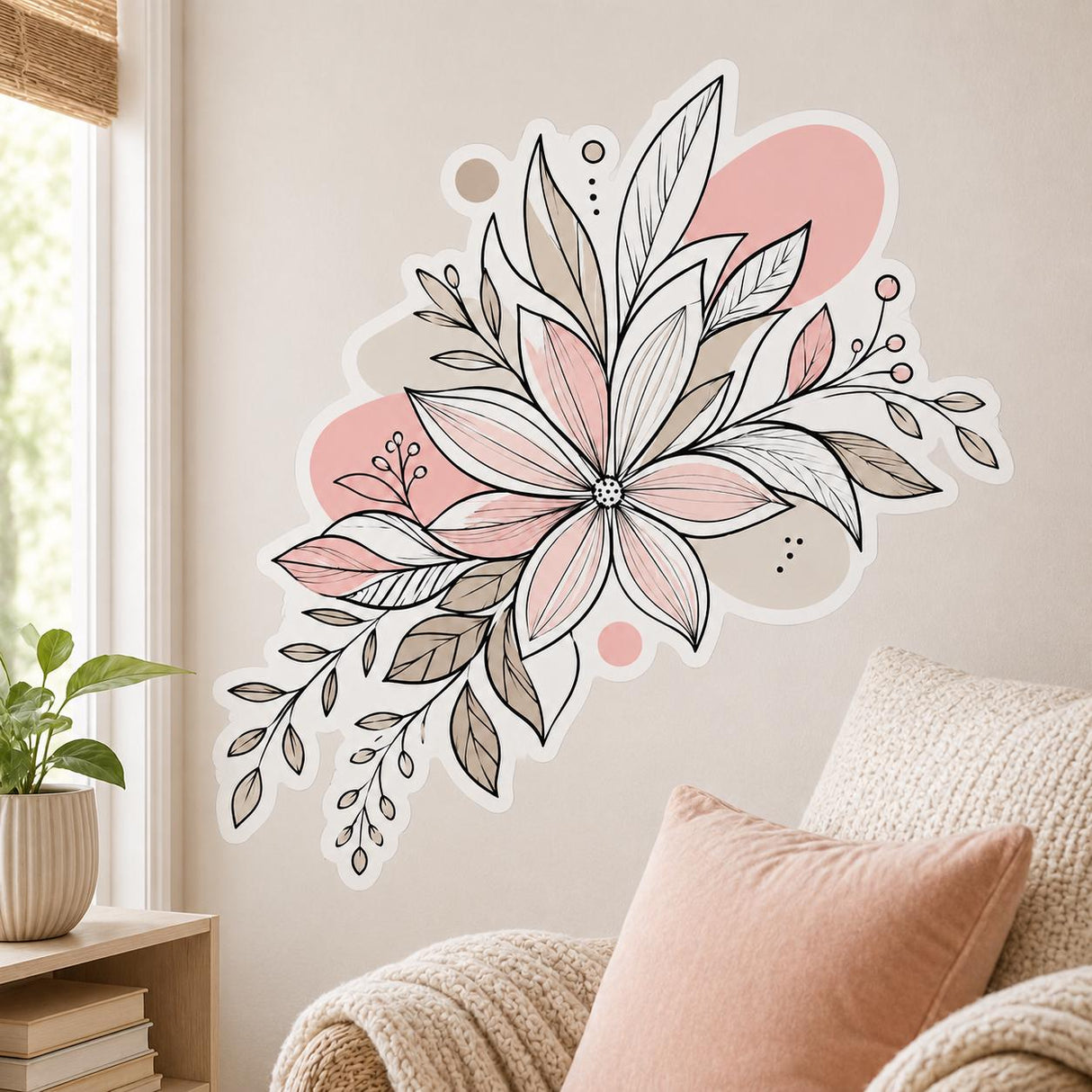 Floral Wall Decal | Blush Botanical Sticker | Peach Flower Line Art | Boho Nursery Decor | Neutral Bedroom Wall Art | Modern Botanical Decor