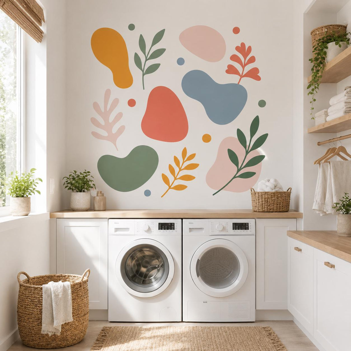 Abstract Botanical Wall Decal Set | Colorful Organic Shape Stickers | Leaf Branch Wall Art | Modern Boho Decor | Sage Coral Mustard Blue Art