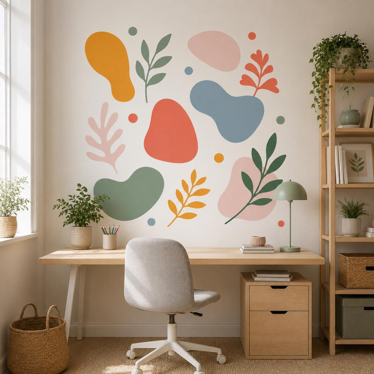 Abstract Botanical Wall Decal Set | Colorful Organic Shape Stickers | Leaf Branch Wall Art | Modern Boho Decor | Sage Coral Mustard Blue Art