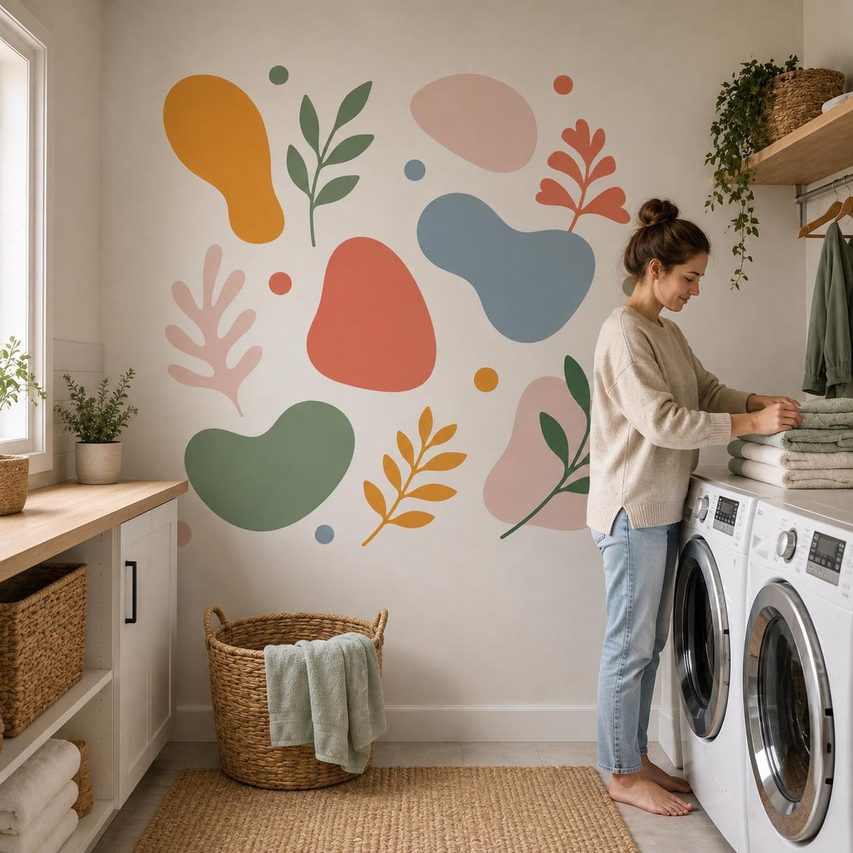 Abstract Botanical Wall Decal Set | Colorful Organic Shape Stickers | Leaf Branch Wall Art | Modern Boho Decor | Sage Coral Mustard Blue Art