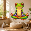 Bright green frog with large orange-red eyes sitting cross-legged in meditation, with orange toes, purple-blue accents, and hands forming circular mudras on a white background.