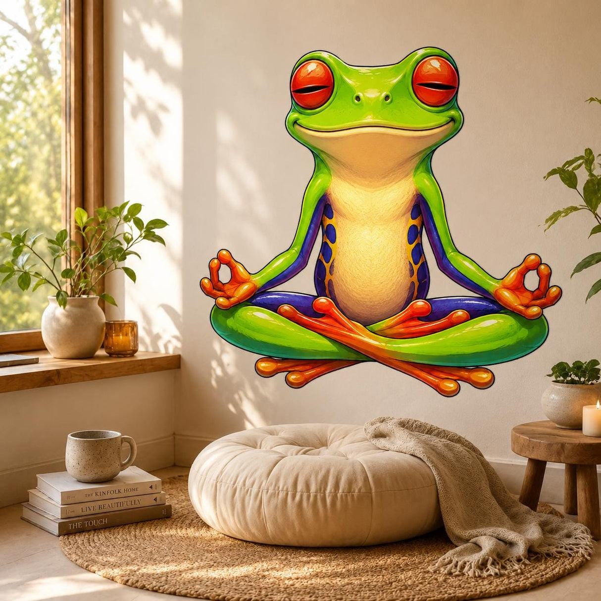 Bright green frog with large orange-red eyes sitting cross-legged in meditation, with orange toes, purple-blue accents, and hands forming circular mudras on a white background.