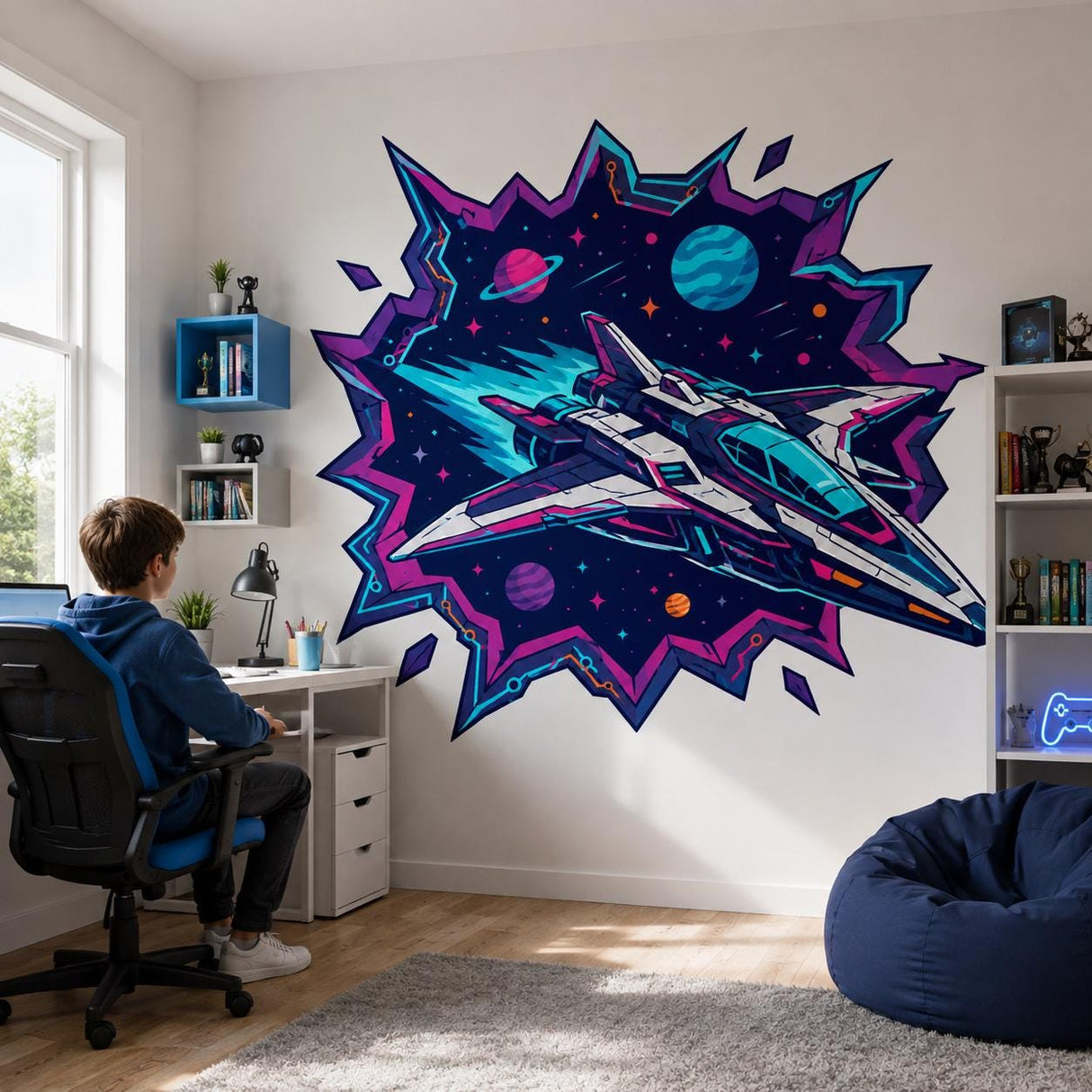 Spaceship Wall Art Print | Neon Sci Fi Space Decor | Futuristic Starship Artwork | Galaxy Planet Poster | Gamer Room Decor | Cosmic Wall Art