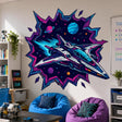 Futuristic white and navy spaceship with bright cyan and magenta accents flying through a jagged cosmic portal surrounded by colorful planets and stars.
