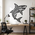 Black-and-white illustration of a curved shark with open jaws, sharp teeth, and bold geometric patterns across its body, fins, and tail on a white background.
