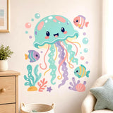 Pastel aqua smiling jellyfish surrounded by three colorful fish, bubbles, seaweed, coral, a starfish, shells, and ocean plants on a white background.