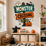 Halloween Monster Crossing Wall Art Print | Spooky Sign Decor | Ghost Bat Pumpkin Poster | Kids Halloween Room Decor | Haunted House Artwork