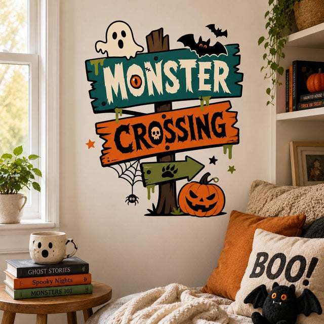 Cartoon Halloween sign reading “MONSTER CROSSING” with a cream ghost, black bats, orange jack-o’-lantern, spider web, spider, slime drips, and a green paw-print arrow.