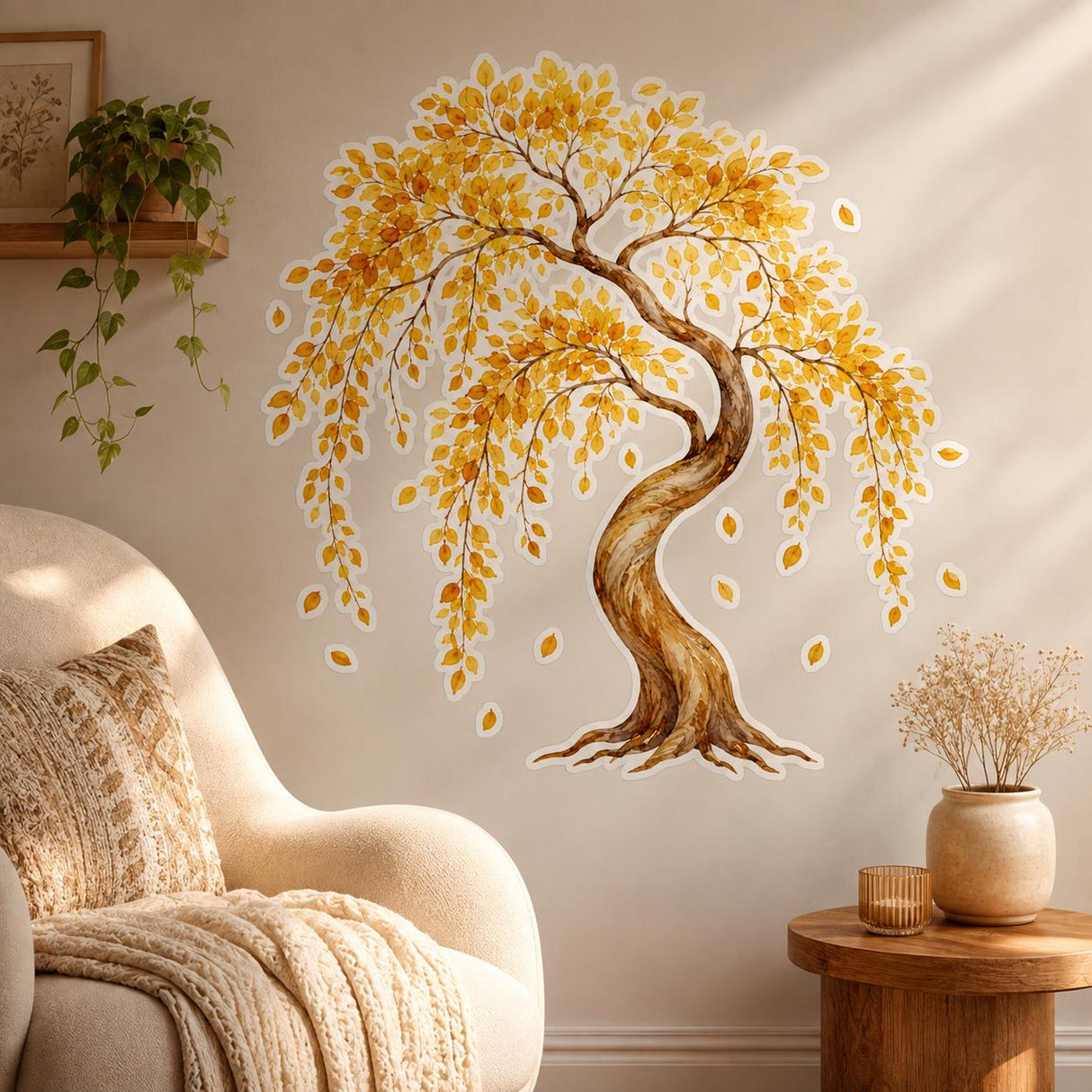 Watercolor-style tree with a curved brown trunk, cascading golden-yellow and amber leaves, and several individual falling leaves against a white background.