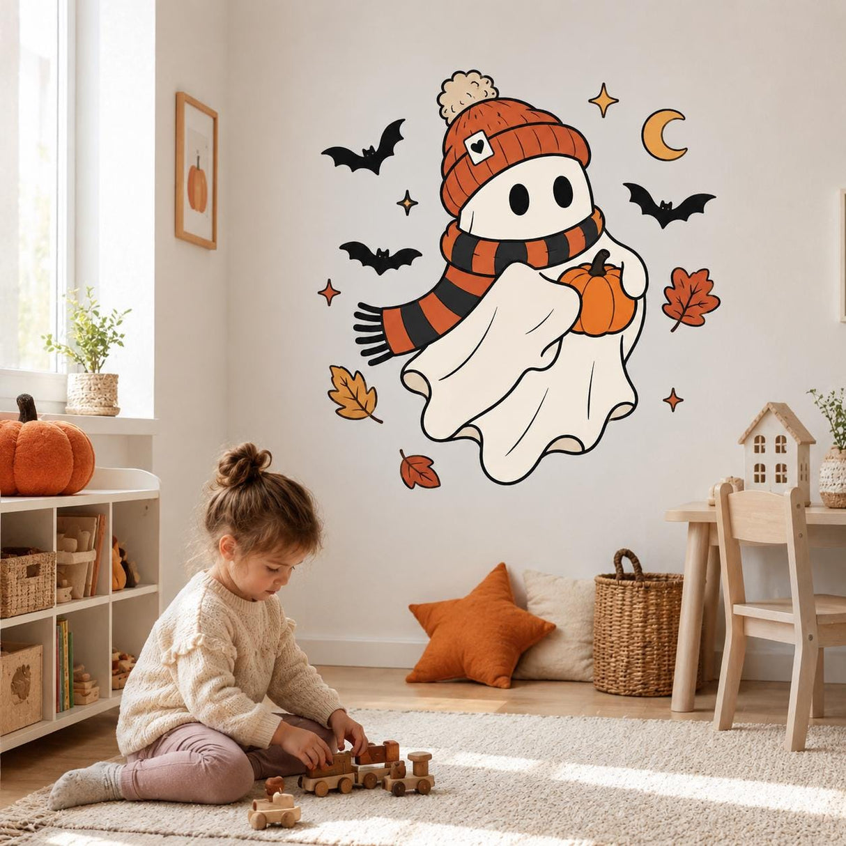 Cute Halloween Ghost Wall Decal | Ghost & Pumpkin Wall Sticker | Autumn Halloween Decor | Kids Room Wall Art | Cozy Spooky Autumn Wall Decor