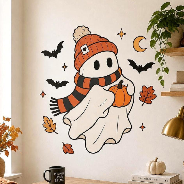 Cute white cartoon ghost wearing an orange knit beanie and black-and-orange striped scarf while holding a small pumpkin, surrounded by black bats, a golden crescent moon, stars, and orange autumn leaves on a white background.