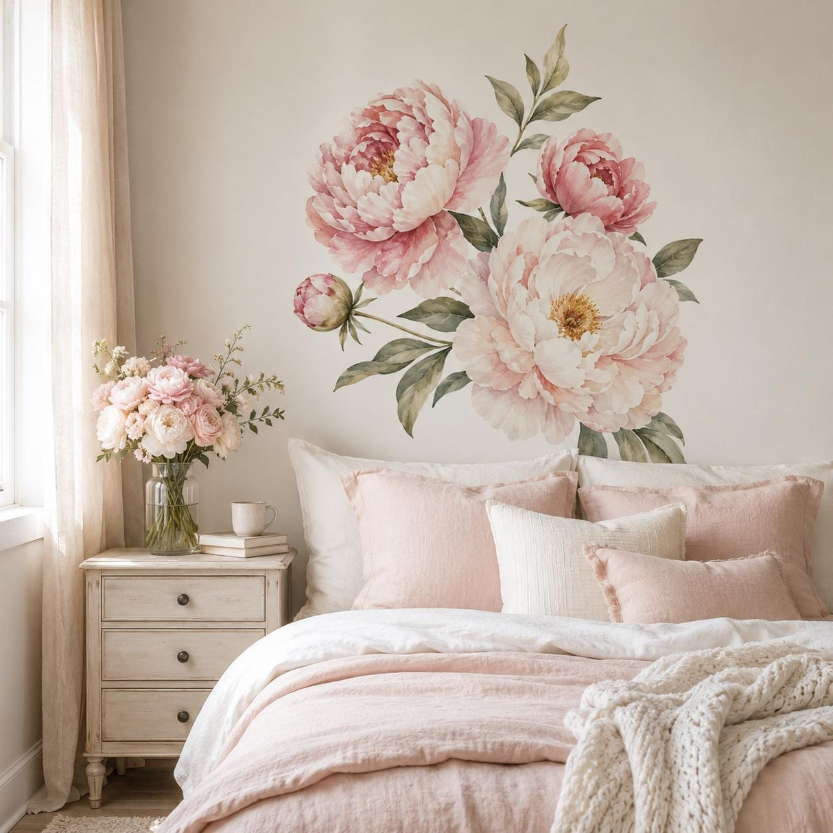 Pink Peony Floral Wall Decal | Watercolor Flower Wall Sticker | Pink Botanical Wall Decor | Bedroom Floral Decor | Peony Flower Wall Sticker