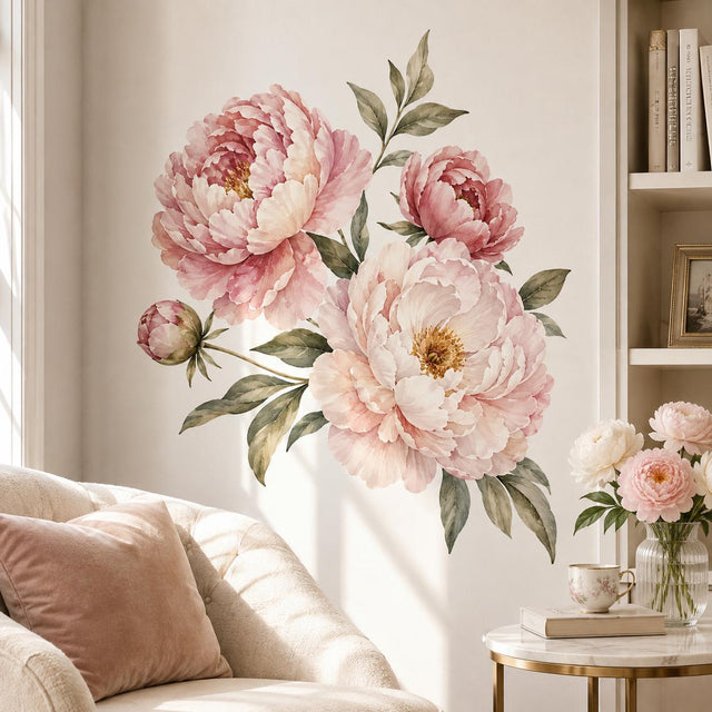 Watercolor arrangement of three large blush pink and cream peonies with one smaller bud, golden flower centers, and muted sage and olive-green leaves on a white background.