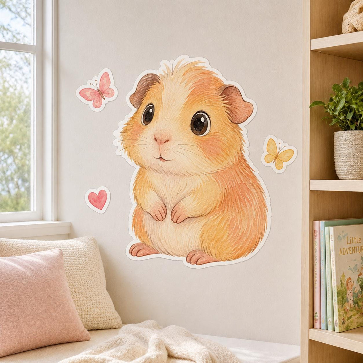 Soft watercolor-style illustration of a round peach and cream guinea pig with large brown eyes, a pink nose, and small folded ears, surrounded by two pastel butterflies and a small pink heart on a white background.
