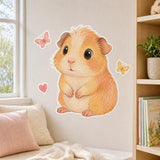 Soft watercolor-style illustration of a round peach and cream guinea pig with large brown eyes, a pink nose, and small folded ears, surrounded by two pastel butterflies and a small pink heart on a white background.