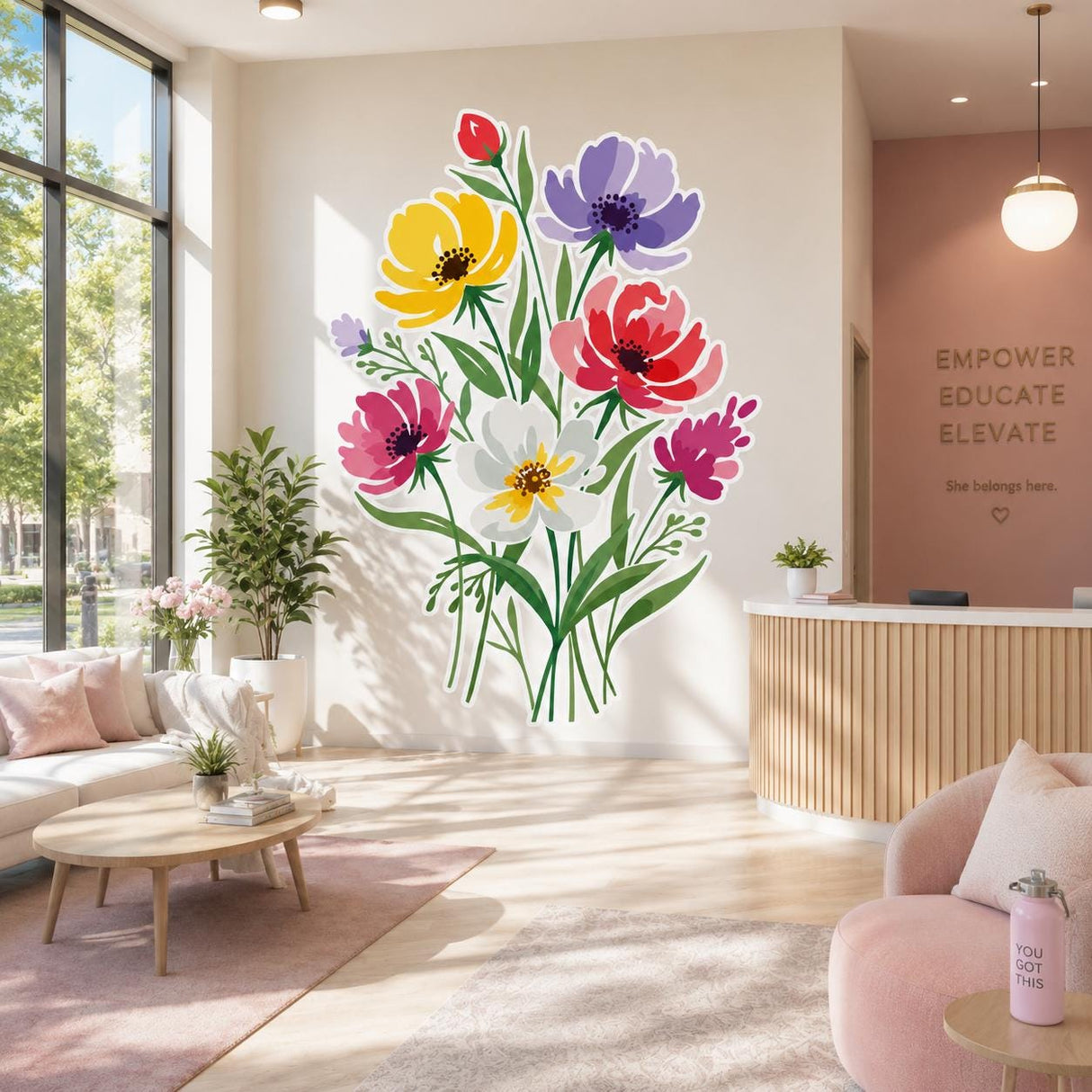 Colorful stylized flower bouquet with yellow, purple, coral red, pink, and white blossoms surrounded by slender green stems and leaves on a white background.