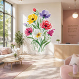 Colorful stylized flower bouquet with yellow, purple, coral red, pink, and white blossoms surrounded by slender green stems and leaves on a white background.