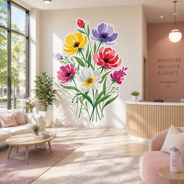 Colorful stylized flower bouquet with yellow, purple, coral red, pink, and white blossoms surrounded by slender green stems and leaves on a white background.