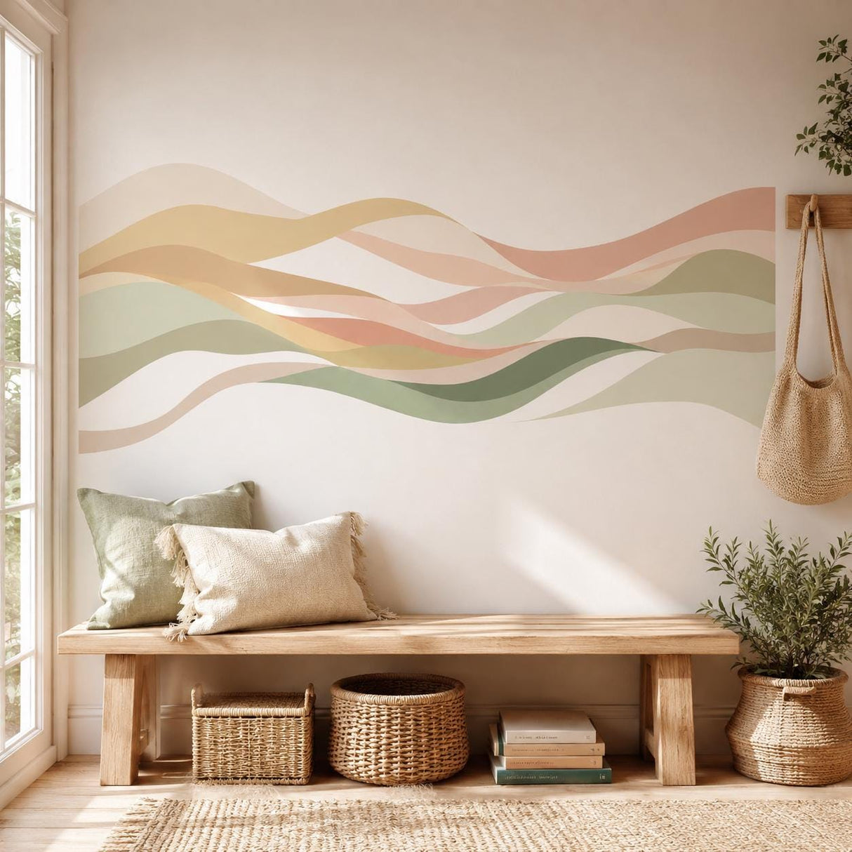 Abstract horizontal design made of overlapping flowing wave shapes in sage green, olive, beige, cream, sand, and muted terracotta tones on a white background.